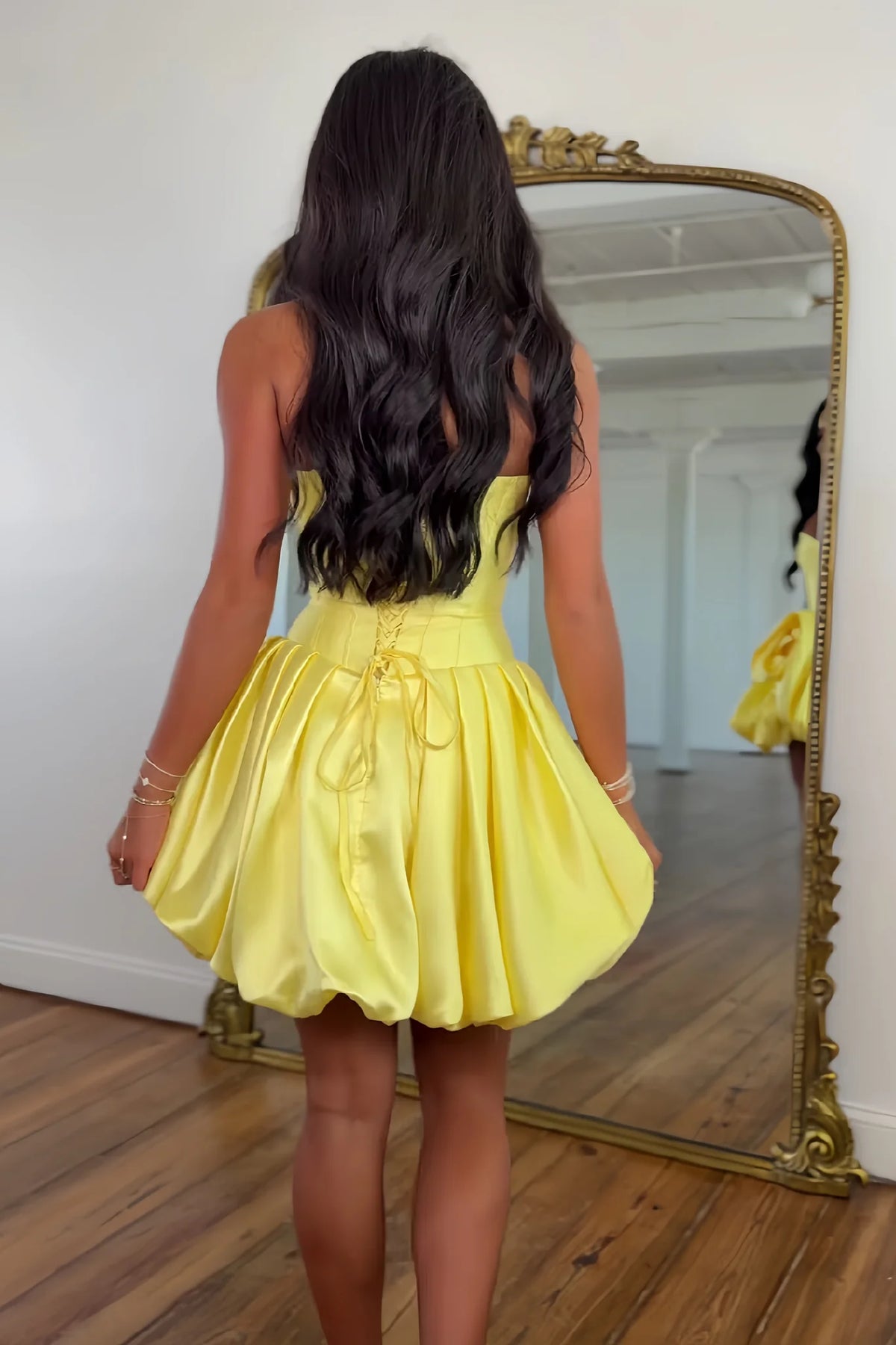 Cute A Line Strapless Yellow Corset Homecoming Dress with 3D Flowers SH7908