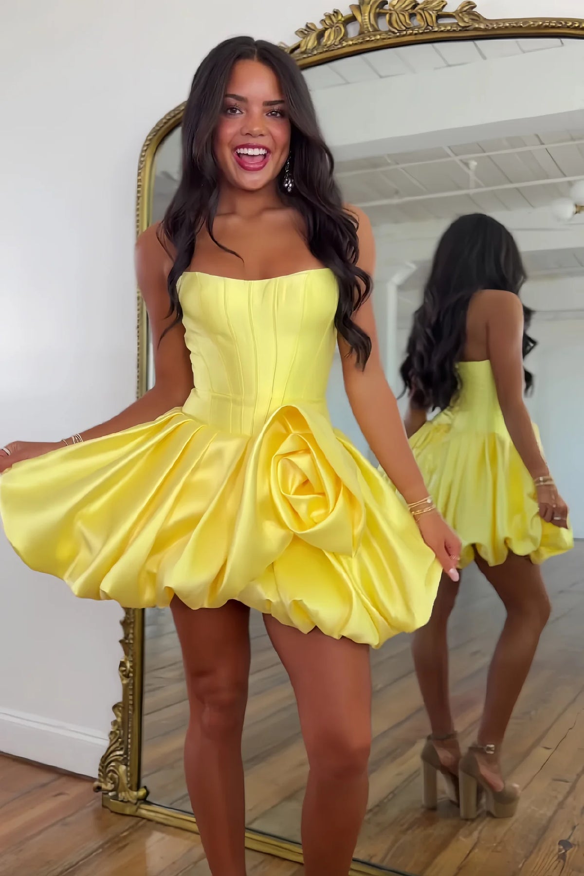 Cute A Line Strapless Yellow Corset Homecoming Dress with 3D Flowers SH7908