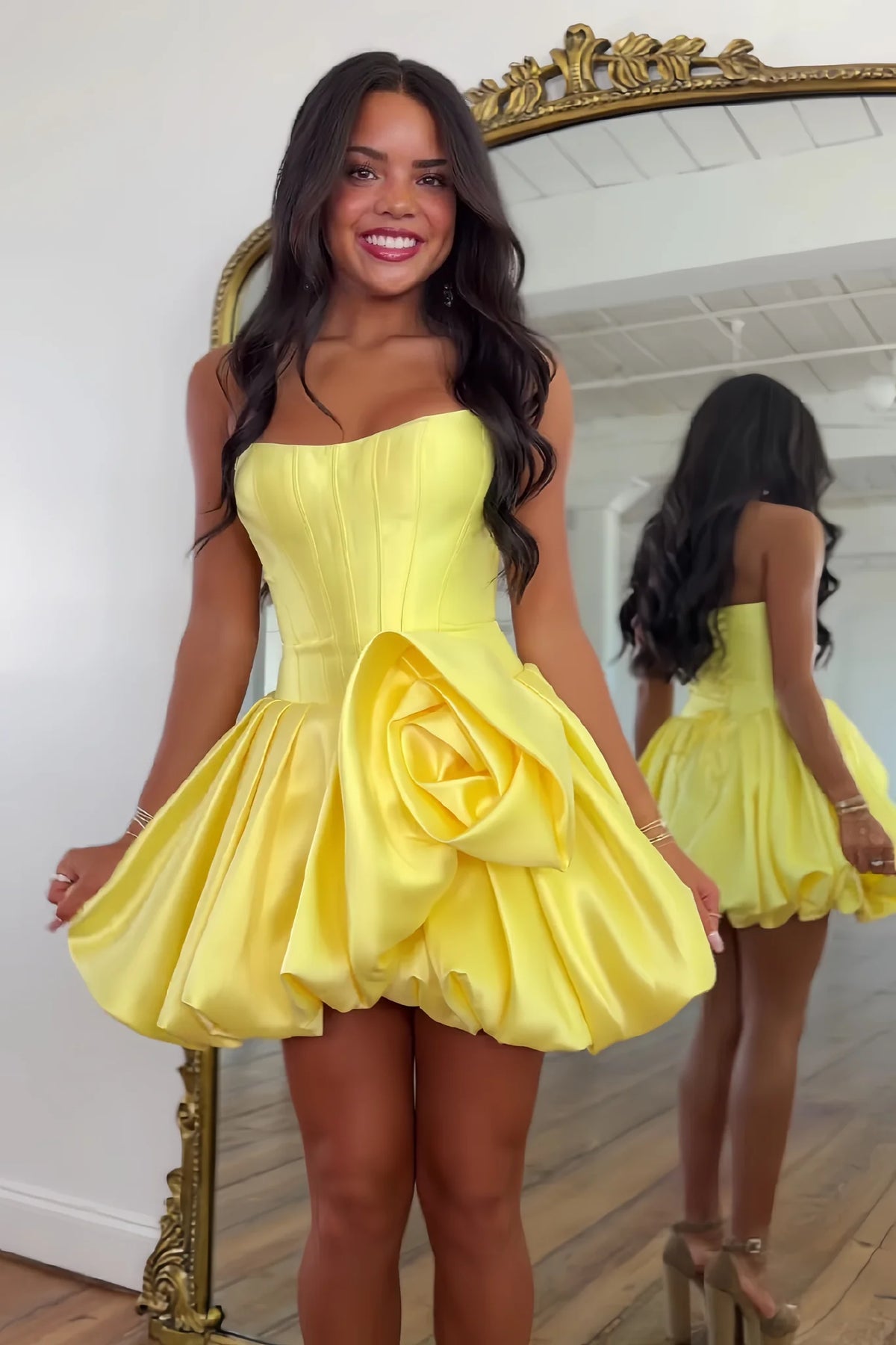Cute A Line Strapless Yellow Corset Homecoming Dress with 3D Flowers SH7908