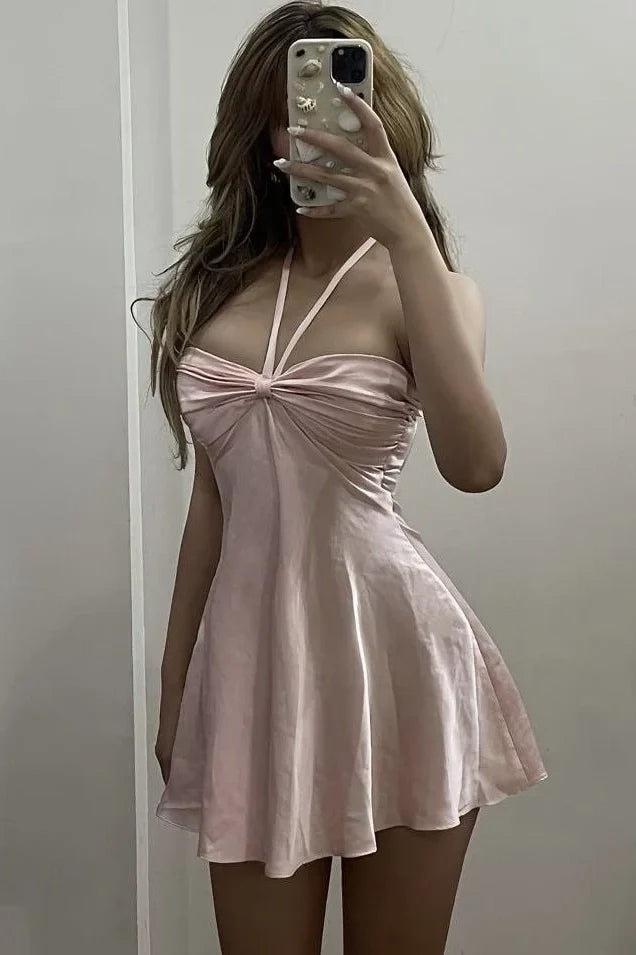 Cute Blush Pink Halter Neck Corset-Style Satin Mini Homecoming Dress SH7869