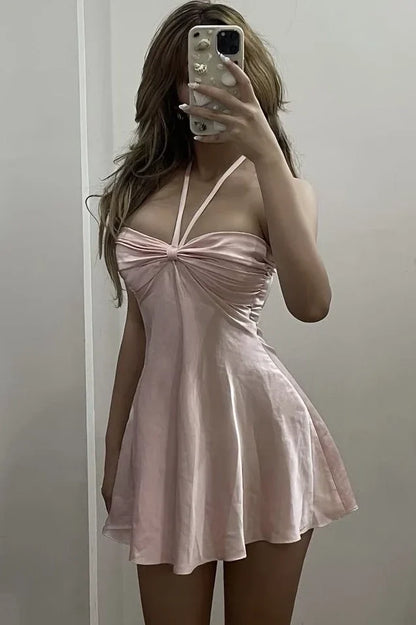 Cute Blush Pink Halter Neck Corset-Style Satin Mini Homecoming Dress SH7869
