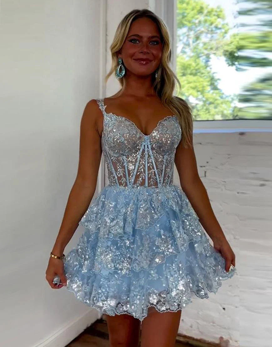 Gorgeous Sparkly Off The Shoulder A-Line Tiered Short Homecoming Dress SH7532