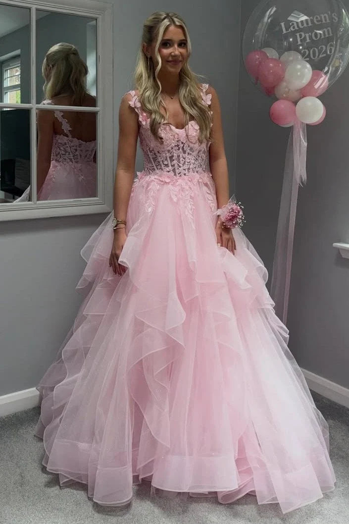 Pink Tulle A-Line Sleeveless Empire-Waist Ruffles Long Prom Dress SH8220