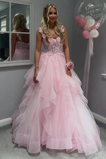 Pink Tulle A-Line Sleeveless Empire-Waist Ruffles Long Prom Dress SH8220