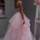 Pink Tulle A-Line Sleeveless Empire-Waist Ruffles Long Prom Dress SH8220