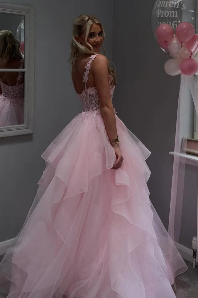 Pink Tulle A-Line Sleeveless Empire-Waist Ruffles Long Prom Dress SH8220