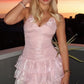 Pink V-Neck Ruffles A-Line Sleeveless Short Homecoming Party Dress SH8235