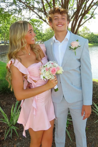 Cute Sheath Square Neck Pink Short Homecoming Dress with Backless SH7459