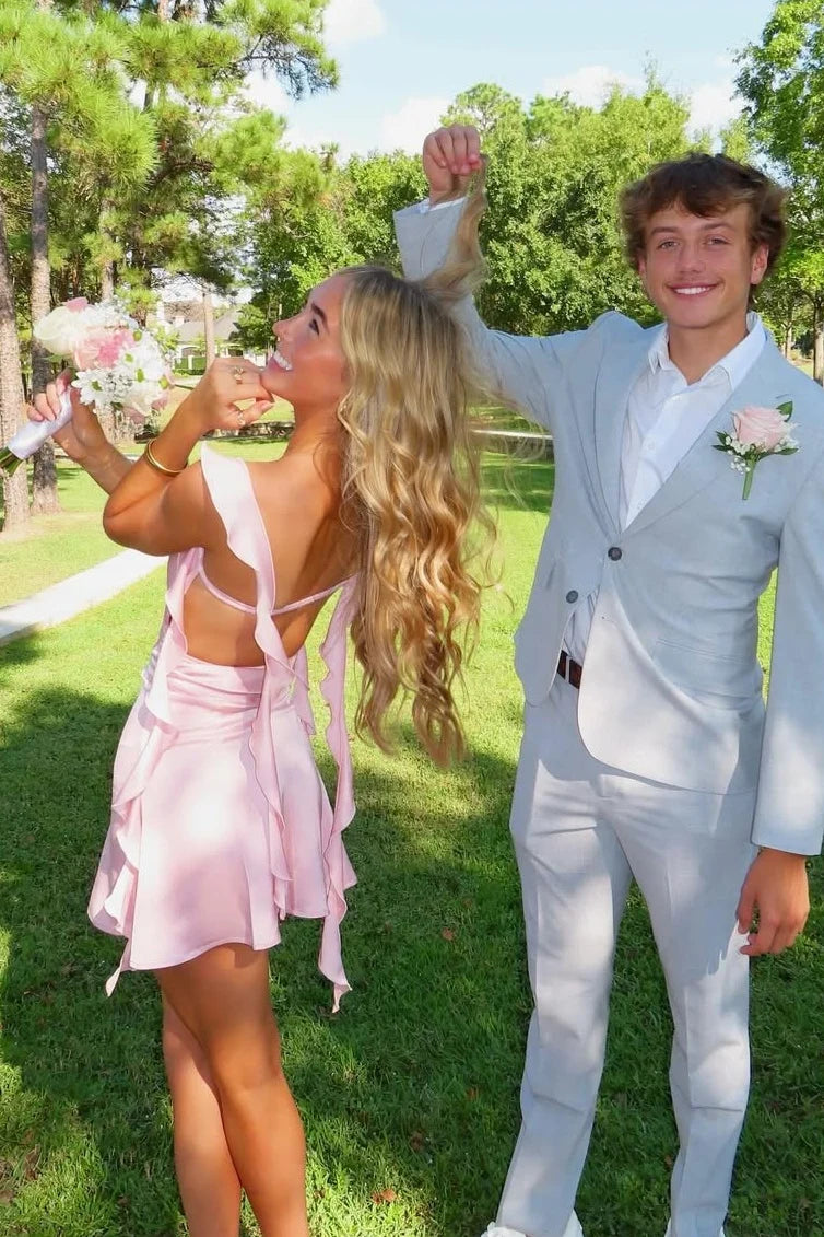 Cute Sheath Square Neck Pink Short Homecoming Dress with Backless SH7459