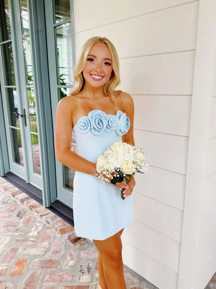 Cute Sheath Strapless Light Blue Short Homecoming Dress with 3D Flowers SH7517