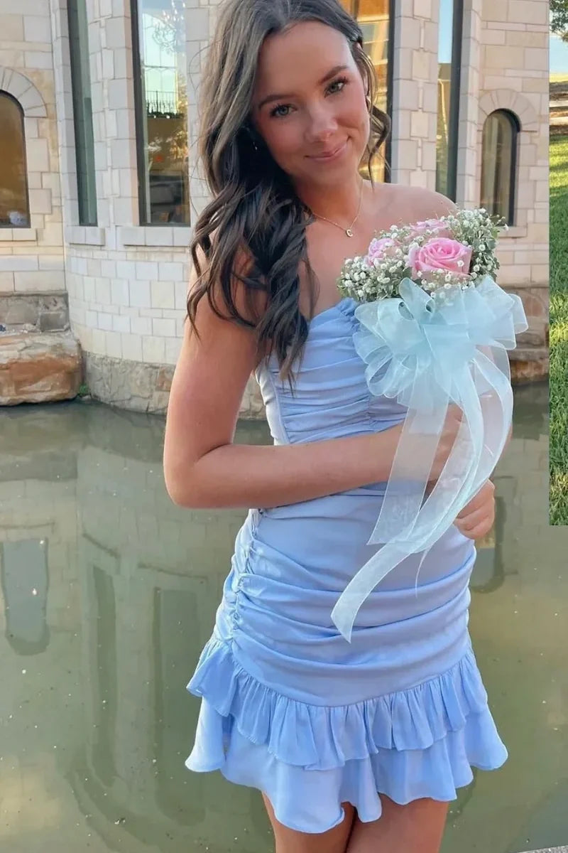 Cute Sheath Strapless Light Blue Short Homecoming Dress with Ruffles SH7919