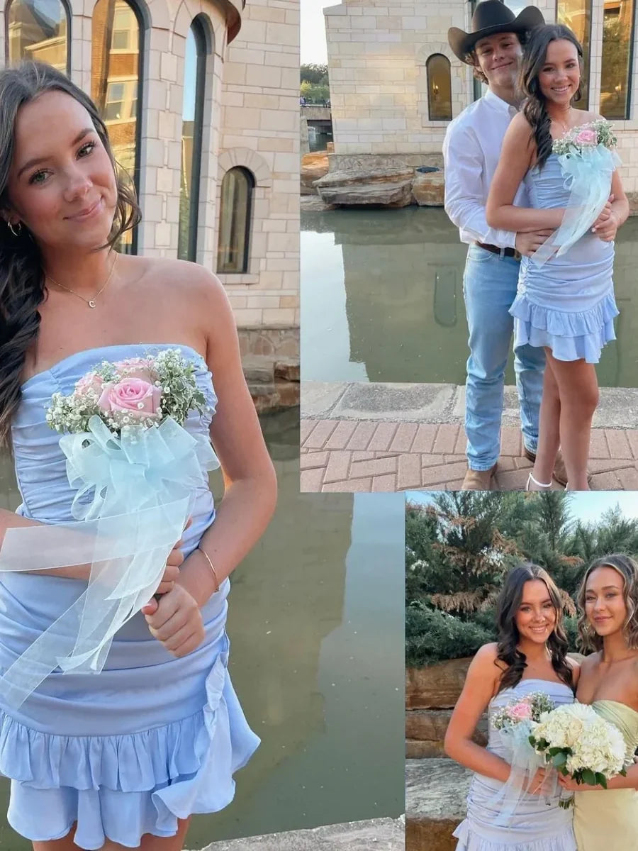 Cute Sheath Strapless Light Blue Short Homecoming Dress with Ruffles SH7919