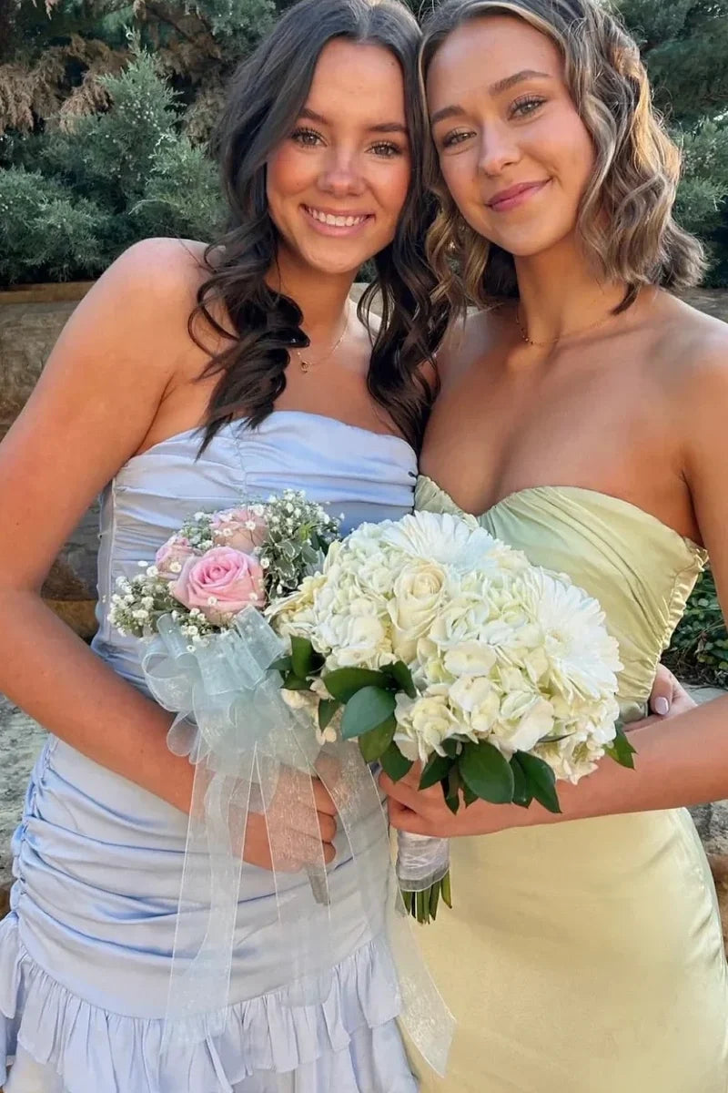 Cute Sheath Strapless Light Blue Short Homecoming Dress with Ruffles SH7919
