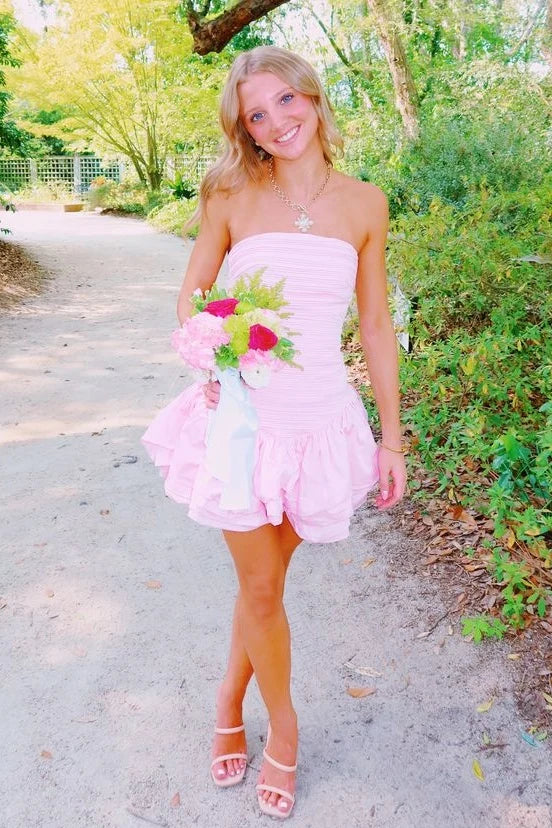 Cute A Line Strapless Light Pink Short Homecoming Dress with Ruffles SH7814