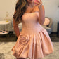 Fashionable A Line Strapless Pink Floral Printed Corset Homecoming Dress with 3D Flowers SH7855