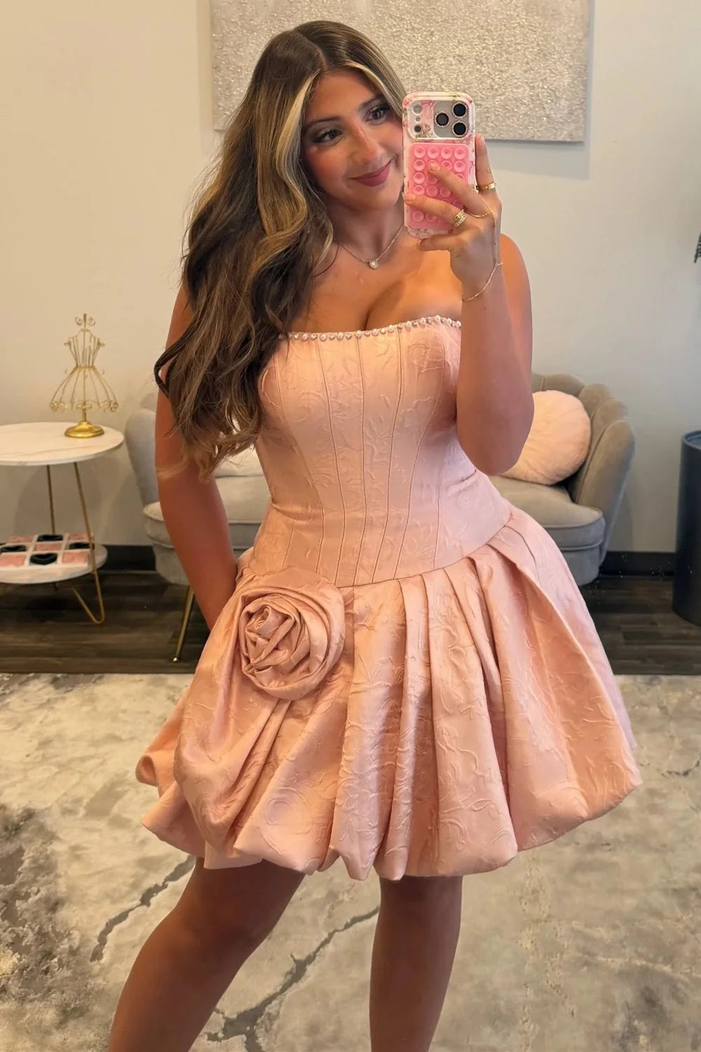 Fashionable A Line Strapless Pink Floral Printed Corset Homecoming Dress with 3D Flowers SH7855