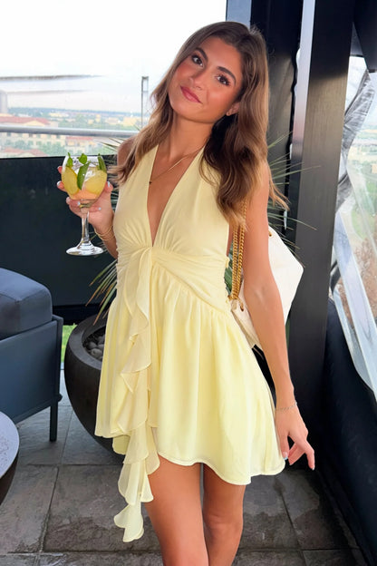 Cute A Line Halter Neck Light Yellow Short Homecoming Dress with Ruffles SH7832