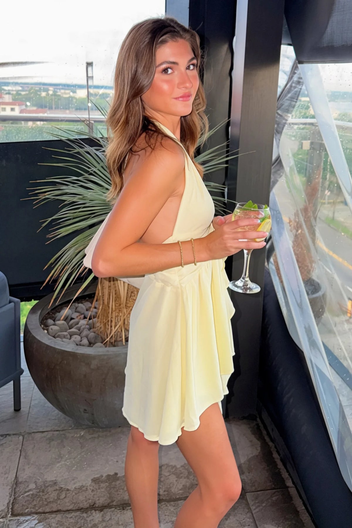 Cute A Line Halter Neck Light Yellow Short Homecoming Dress with Ruffles SH7832