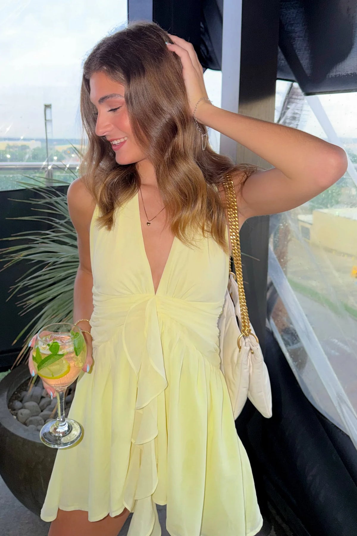 Cute A Line Halter Neck Light Yellow Short Homecoming Dress with Ruffles SH7832