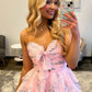Pretty A Line Sweetheart Light Pink Floral Printed Short Homecoming Dress with Ruffles SH7975