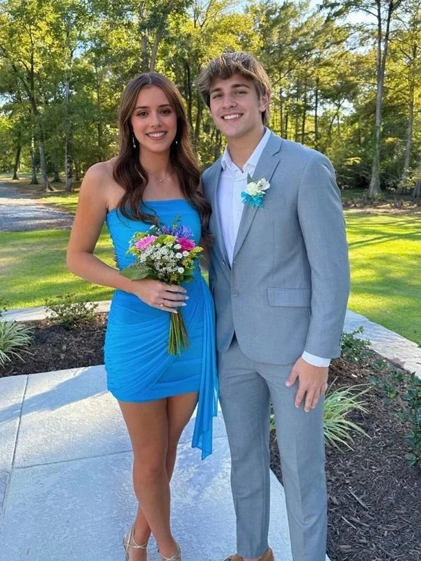 Cute Sheath Strapless Blue Short Homecoming Dress with Ruched SH7527