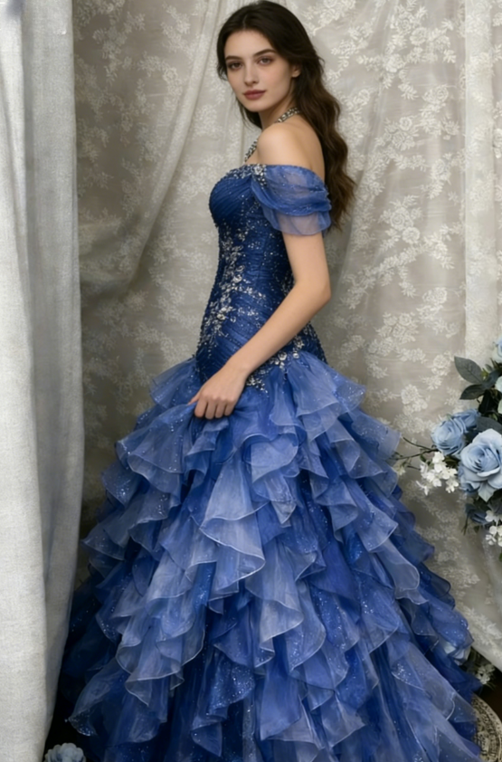 Blue Dreamy Mermaid Exquisite Beaded Layered Ruffle Tulle Prom Dress Evening Gown SH5422
