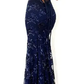 Navy Blue Mermaid Lace Long Evening Dress Formal Prom Dress SH673