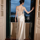 Light Champagne Sheath Spaghetti Strap Lace Satin Prom Dress Evening Dress SH6061