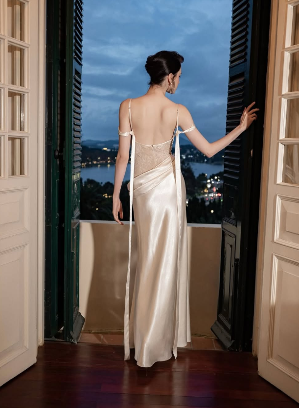 Light Champagne Sheath Spaghetti Strap Lace Satin Prom Dress Evening Dress SH6061