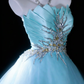 Vintage Blue A Line Strapless Pleated Beaded Satin Tulle Long Graduation Prom Dress SH5288