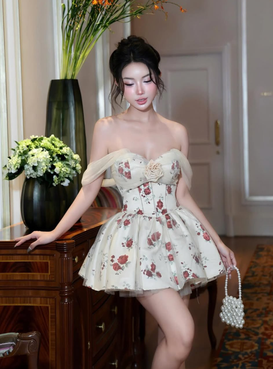 Cute A Line Off the Shoulder Print Floral Satin Tulle Short Homecoming Dress Birthday Dress SH4672