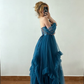 Princess Blue A Line Off the Shoulder Corset Tulle Long Train Prom Dress Evening Dress SH6882