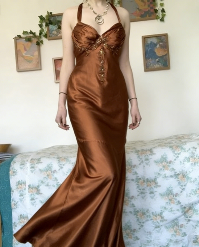 Vintage Halter V Neck Beaded Appliques 90s Prom Dress Mermaid Evening –  shinydress