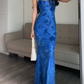 Elegant Blue Mermaid Print Long Evening Dress Formal Prom Dress SH1565