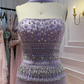 Lilac A Line Strapless Beaded Tassel Satin Long Prom Dress Evening Dress SH8951