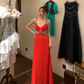 Vintage A Line Spaghetti Strap Red Beaded Sequin Chiffon Long Open Back Prom Dress Evening Dress SH2972