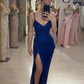 Shiny Sheath V Neck Blue Sequin Long Evening Dress Prom Dress with Slit SH4826