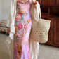 Beautiful Sheath Spaghetti Straps Pink Printed Floral Chiffon Long Prom Dress Evening Dress SH6052
