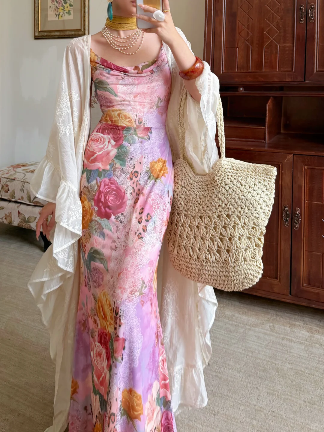 Beautiful Sheath Spaghetti Straps Pink Printed Floral Chiffon Long Prom Dress Evening Dress SH6052