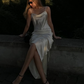 Simple White A Line Spaghetti Strap Satin Open Back Prom Dress Wedding Guest Dress SH4446