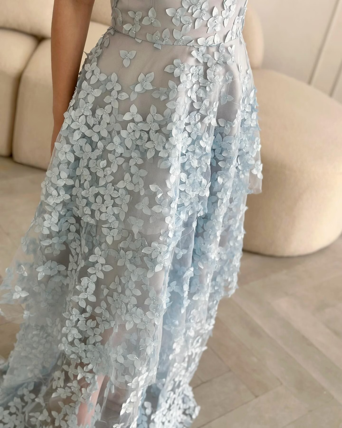 Baby Blue A Line Strapless 3D Floral Tulle Prom Dress Evening Dress SH8557