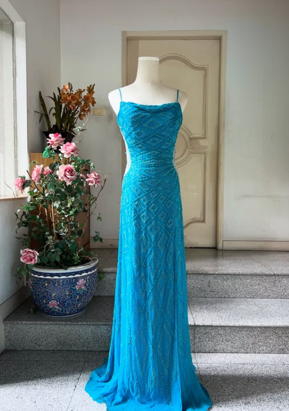 Elegant Blue A Line Beaded Chiffon Open Back Prom Dress Party Dress Date Dress SH4890