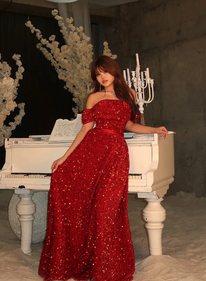 Shiny A Line Off the Shoulder Sequin Long Prom Dress Evening Dress SH7313