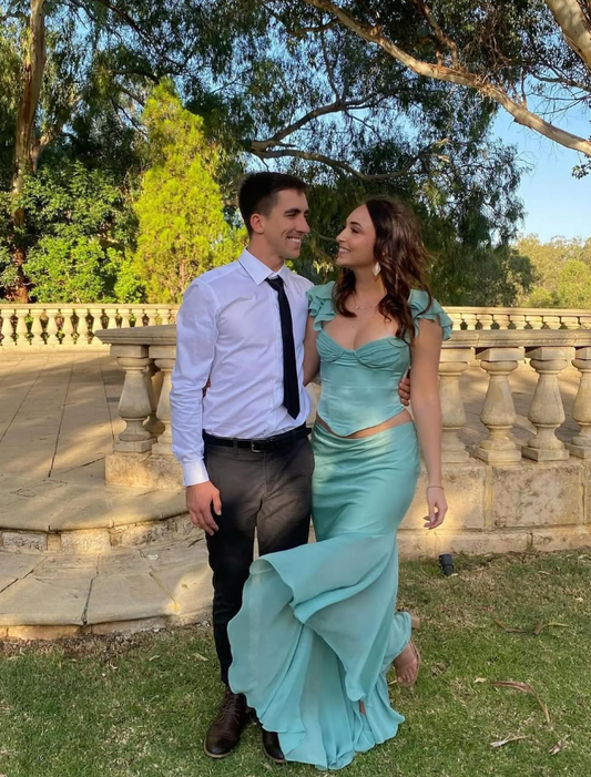 Mermaid Straps Two Piece Green Satin Chiffon Prom Dress Evening Dress SH2046