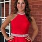 Red Ball Gown Halter Beaded Satin Long Prom Dress Evening Dress SH6584