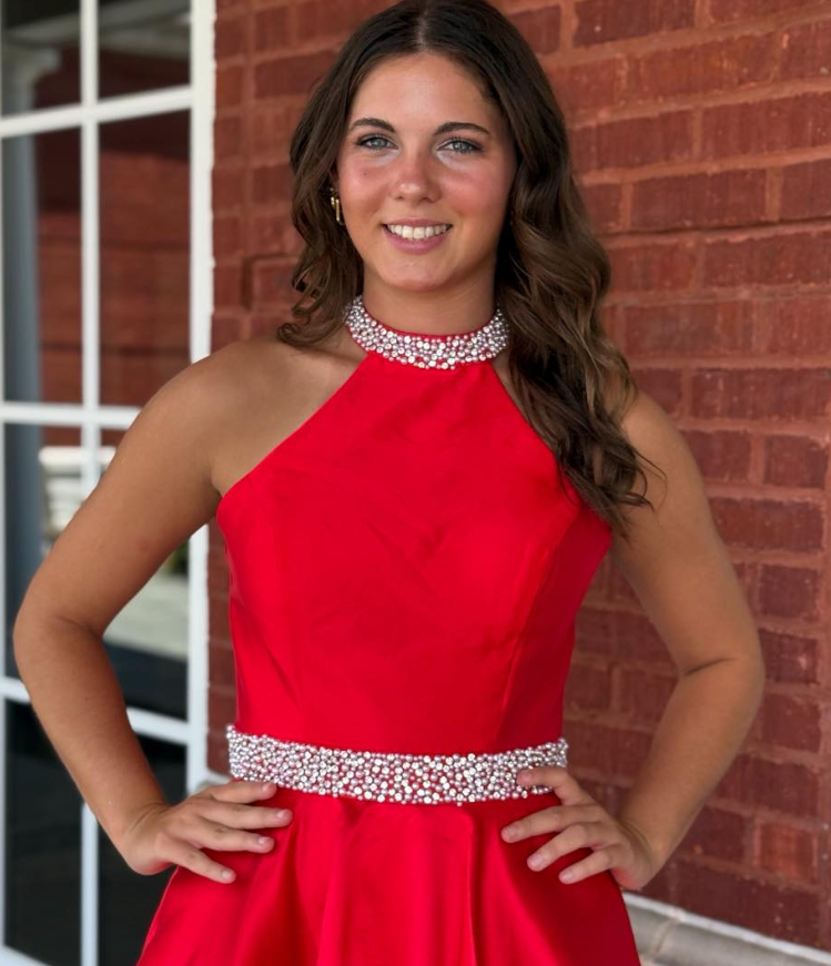Red Ball Gown Halter Beaded Satin Long Prom Dress Evening Dress SH6584