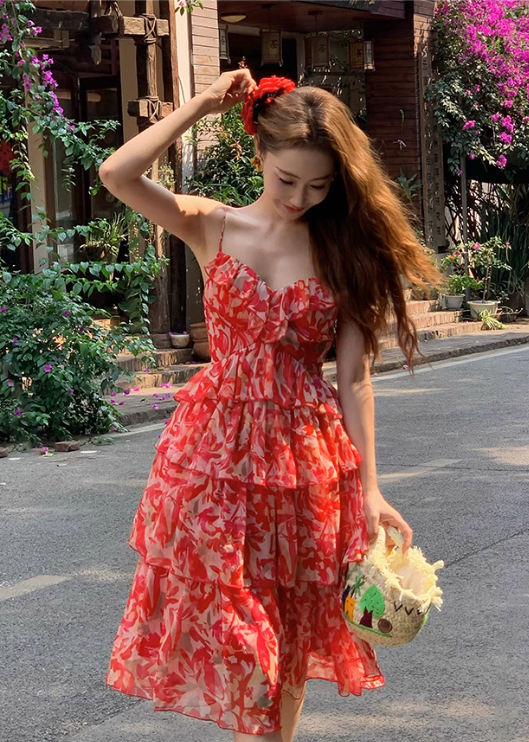 Red Print Floral A Line Spaghetti Strap Layered Chiffon Short Homecoming Dress Vacation Dresses SH4155