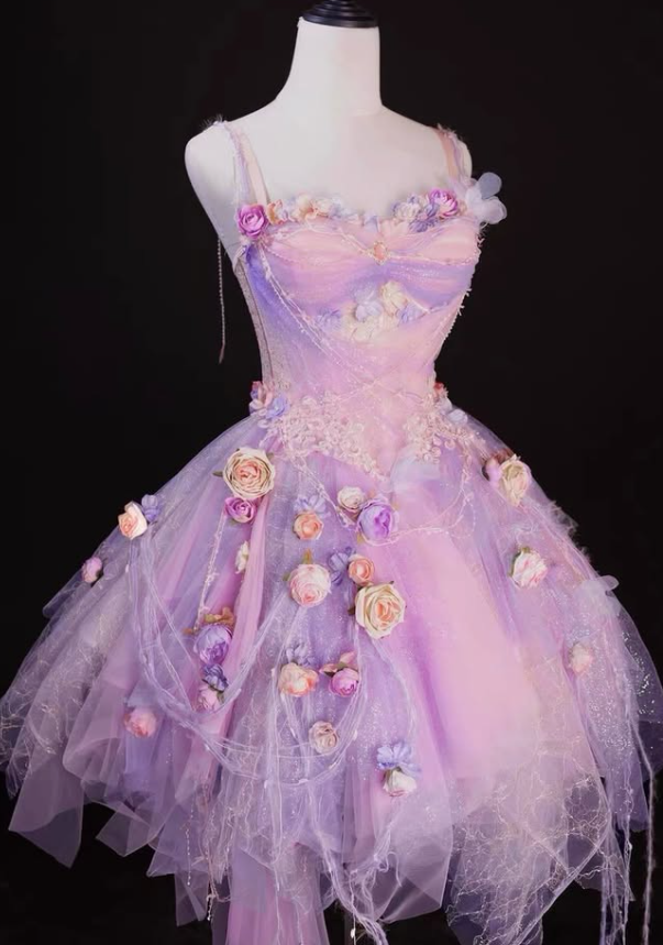 Sweety Pink Ball Gown Spaghetti Strap 3D Floral Tulle Short Prom Dress Homecoming Dress SH6440