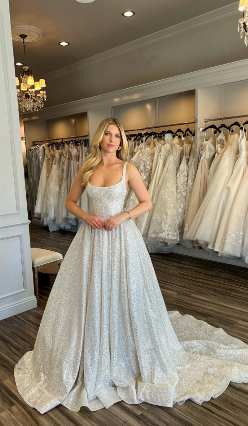 Shiny Ball Gown Straps Silver Sequin Long Prom Dress Wedding Dress SH8384