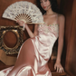 Sweety Pink Sheath Halter Lace Satin Backless Long Prom Dress SH5476